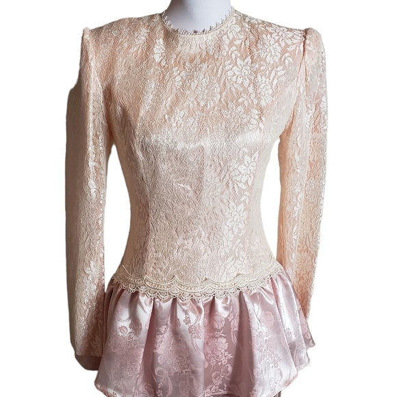 Vintage Scott McClintock Satin Lace Drop Waist Peplum Dress Sz 8 Pink Peach Bow - Picture 2 of 16